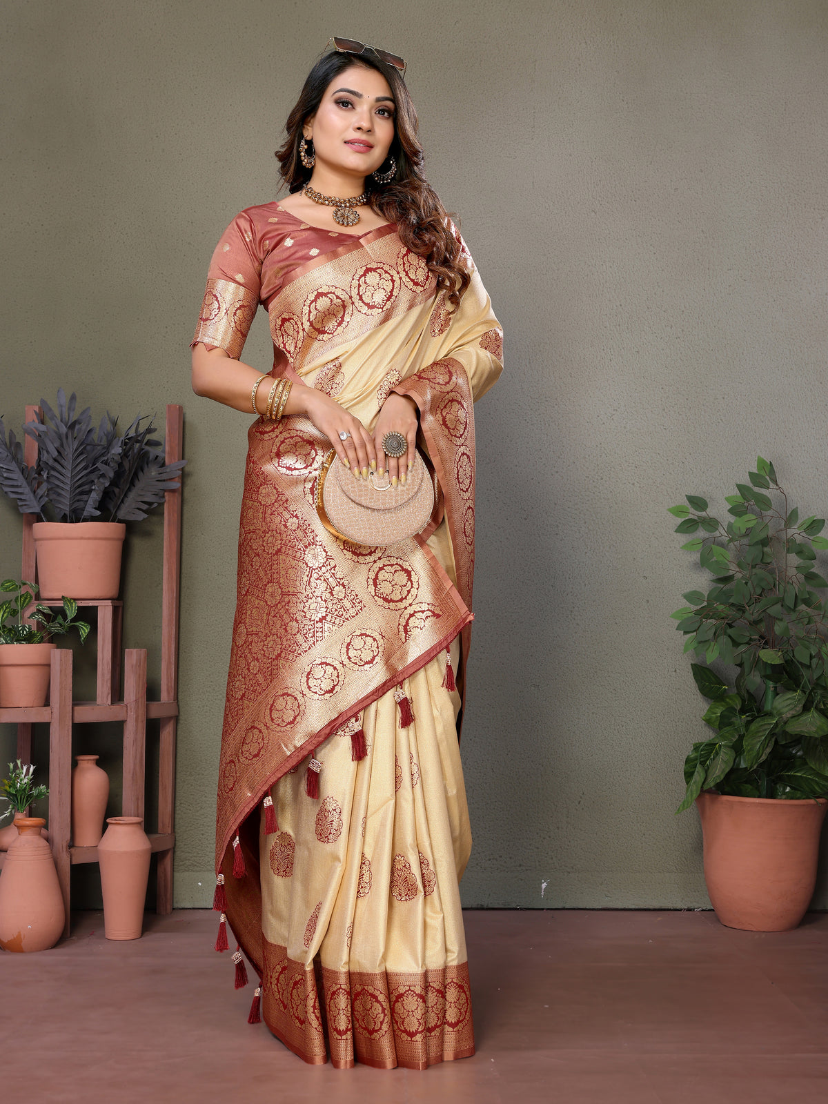 Brown Premium Viscose Silky Saree with All-Over Weaving Butties, Contrast Border, and Rich Woven Pallu – Ideal for Weddings & Festivals.