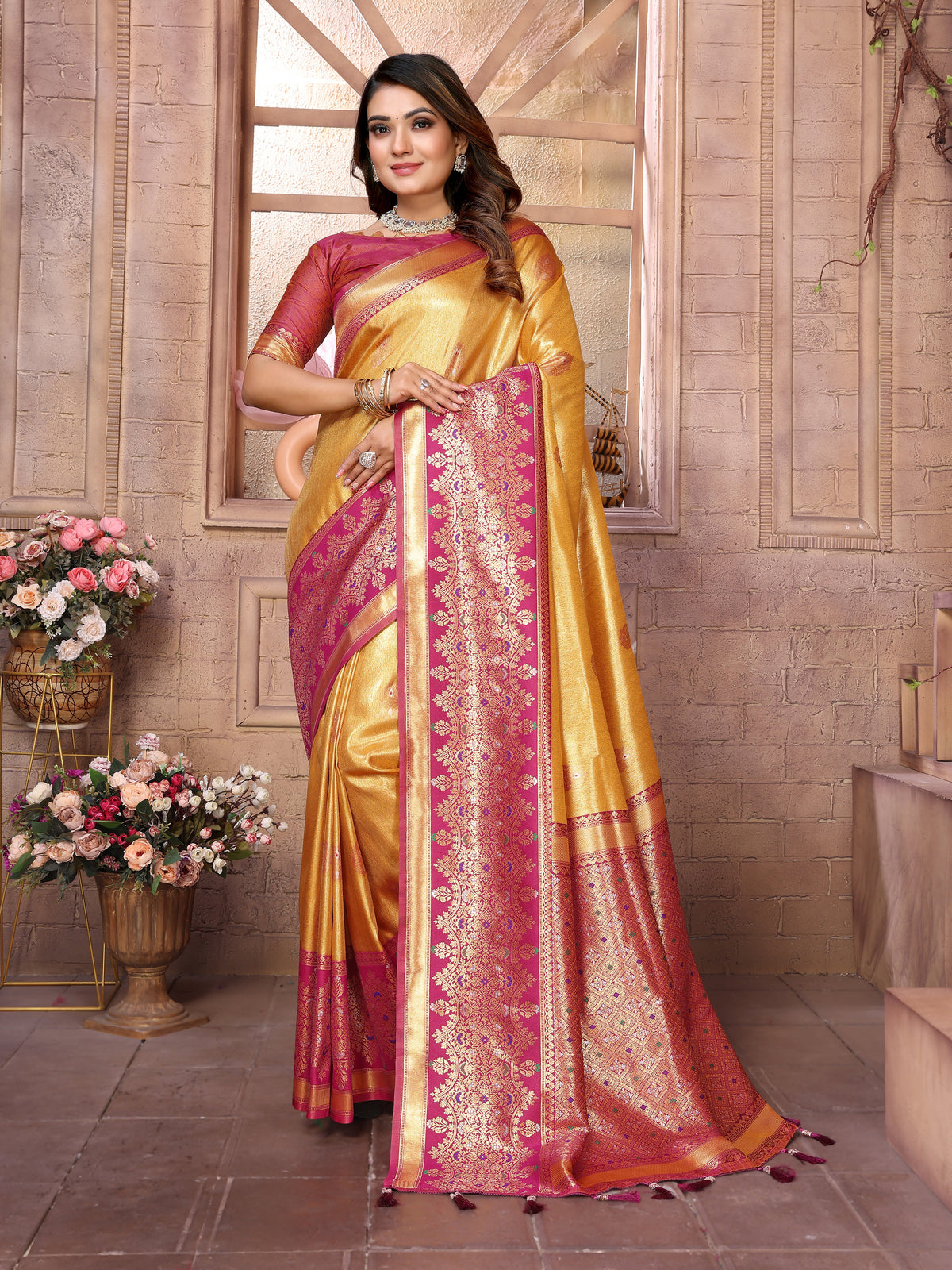 Yellow Heavy Pure Banarasi Tissue Silk Saree