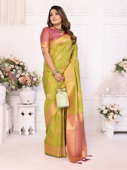 Exquisite Parrot Green Color Premium Lichi Soft Silk Saree with Woven Butta, Zari Borders & Contrast Blouse | Rich, Flowing, and Elegant Design.