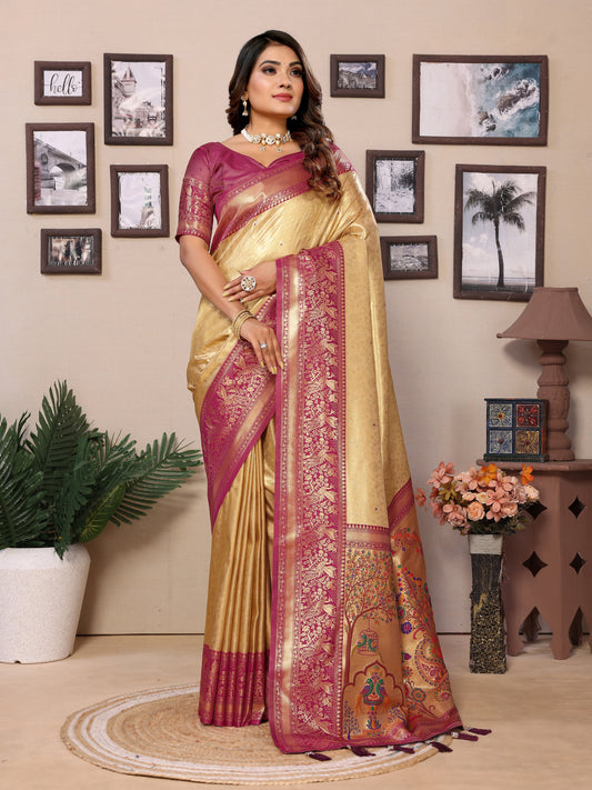 Cream Pure Banarasi Tissue Silk Saree with Paithani Woven Borders