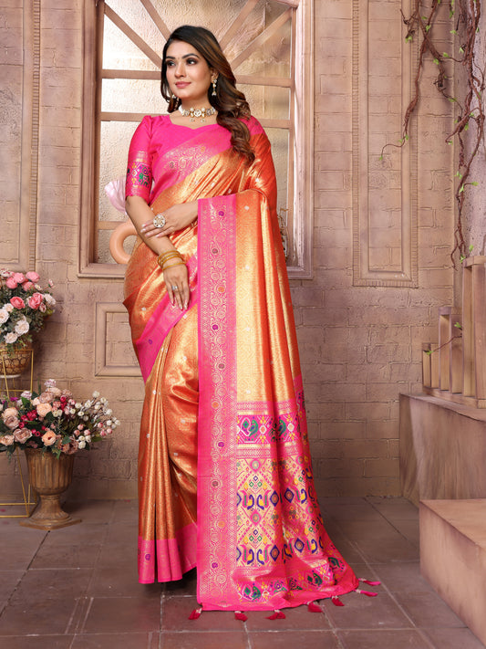 Orange Pure Banarasi Tissue Silk Saree with Paithani Pallu