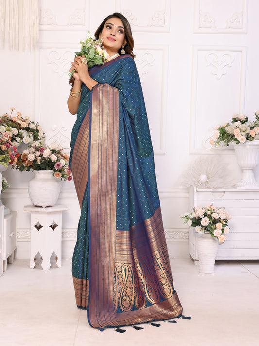 Firozi Luxury Soft Silk Saree with All-Over Butties, Zari Big Border & Rich Woven Pallu - Ultra-Lightweight, Silky Smooth, Baby Soft Fabric with Matching Silk Blouse.