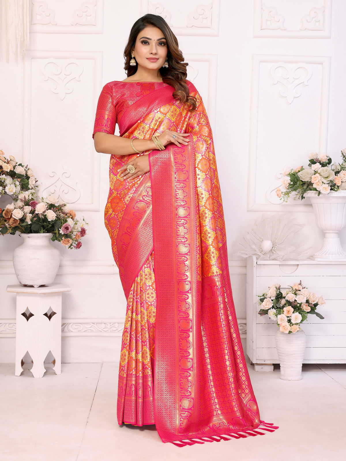 Orange Banarasi Chaturi Silk Saree with Contrast Blouse.