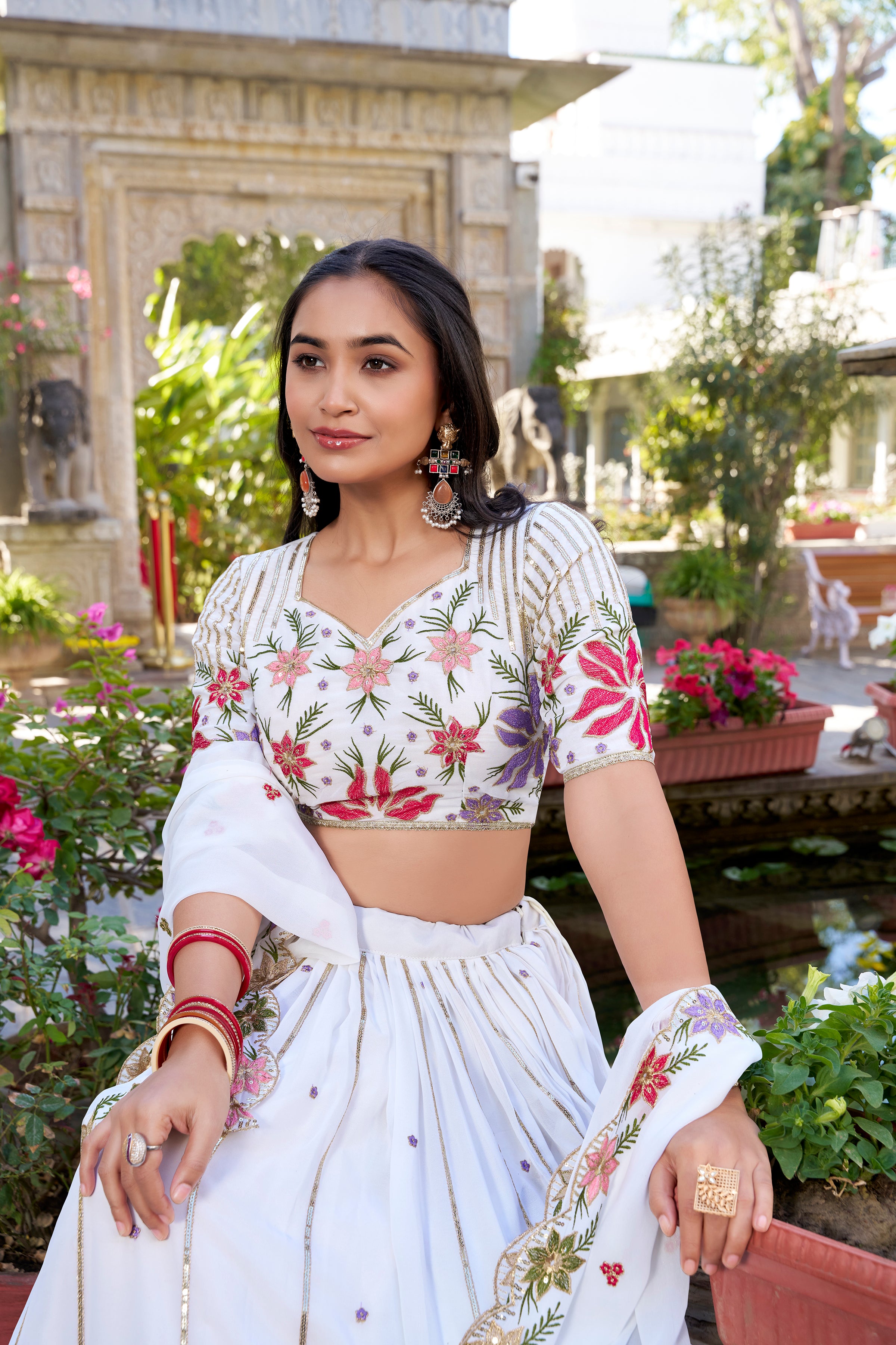 White Georgette Embroidered Lehenga for Women