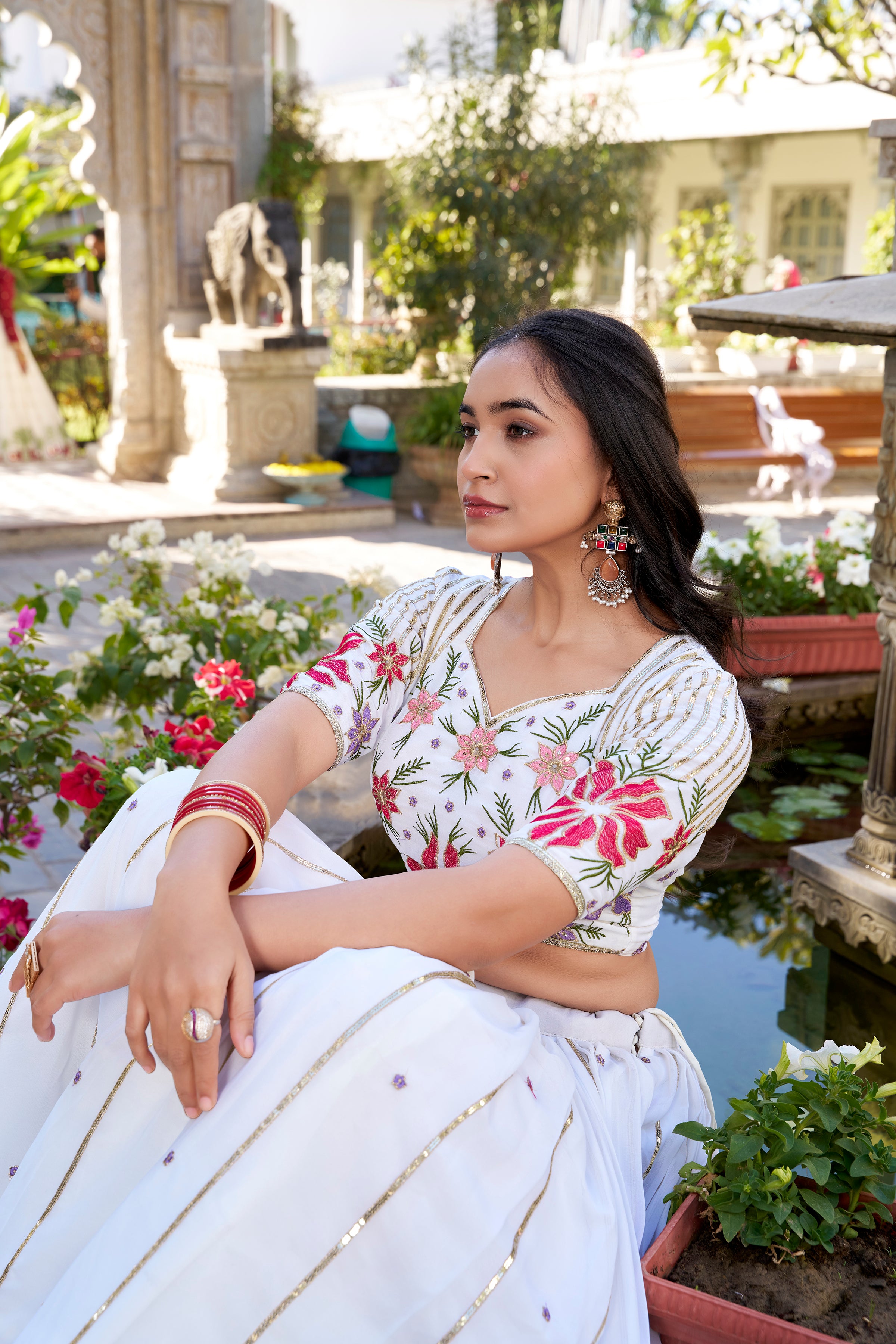 White Georgette Embroidered Lehenga for Women