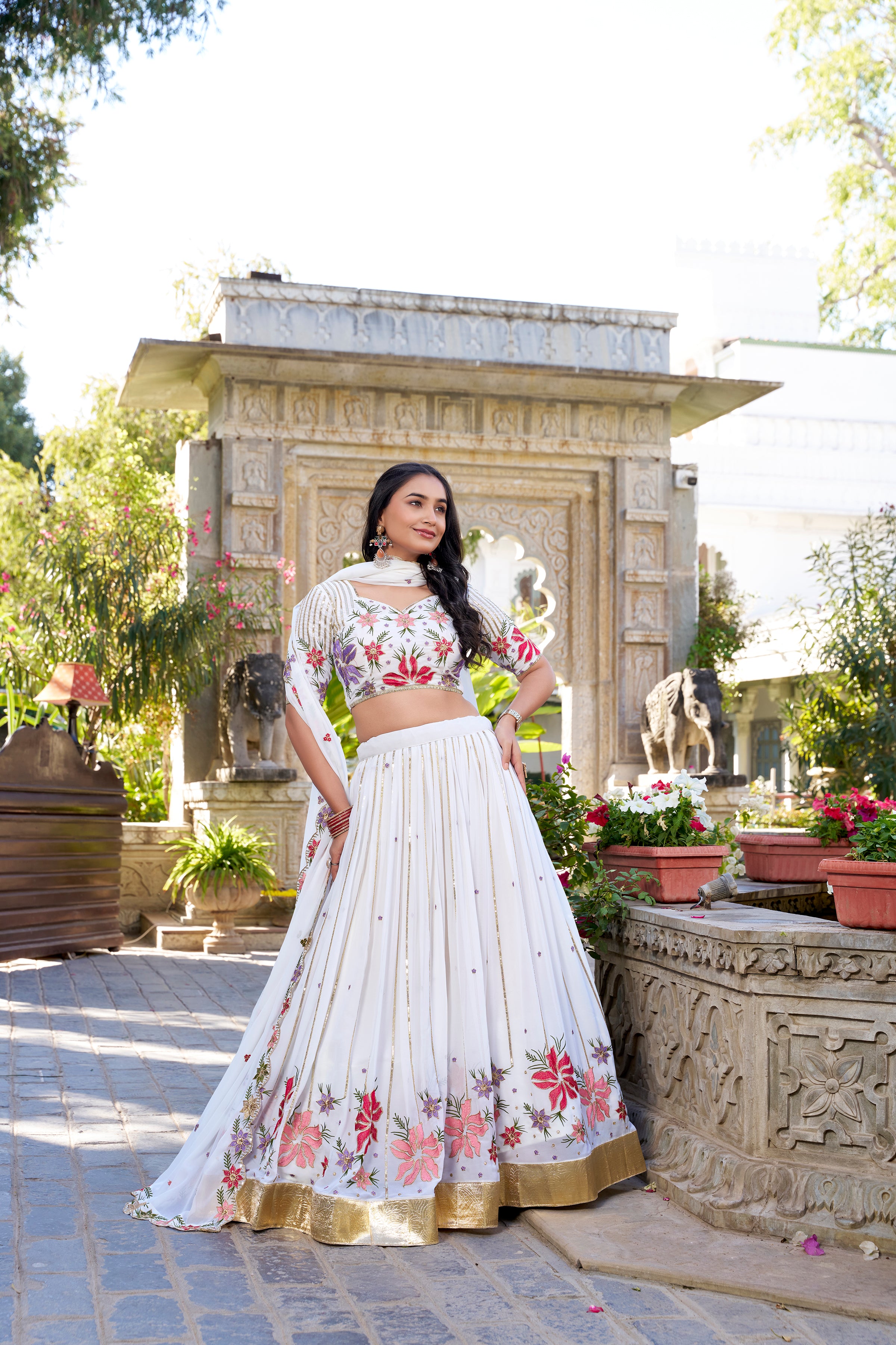White Georgette Embroidered Lehenga for Women