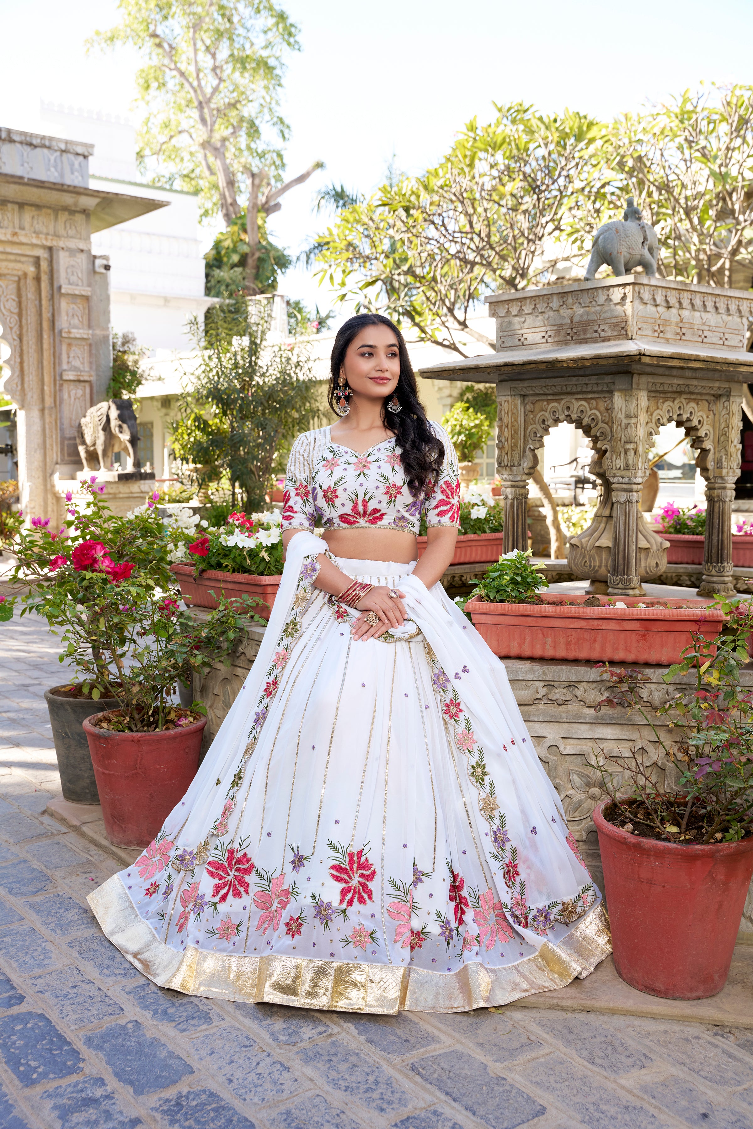 White Georgette Embroidered Lehenga for Women
