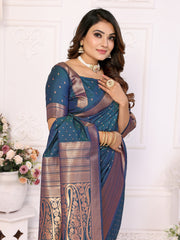 Firozi Soft Silk Saree with Matching Silk Blouse