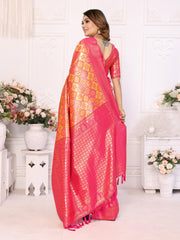 Orange Banarasi Chaturi Silk Saree with Contrast Blouse.