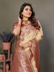 Brown Premium Viscose Silky Saree with All-Over Weaving Butties, Contrast Border, and Rich Woven Pallu – Ideal for Weddings & Festivals.