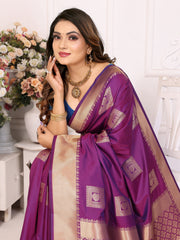 Purple Color Premium Lichi Soft Silk Saree with Woven Butta Design, Zari Borders & Rich Pallu – Elegant Wedding & Party Wear.