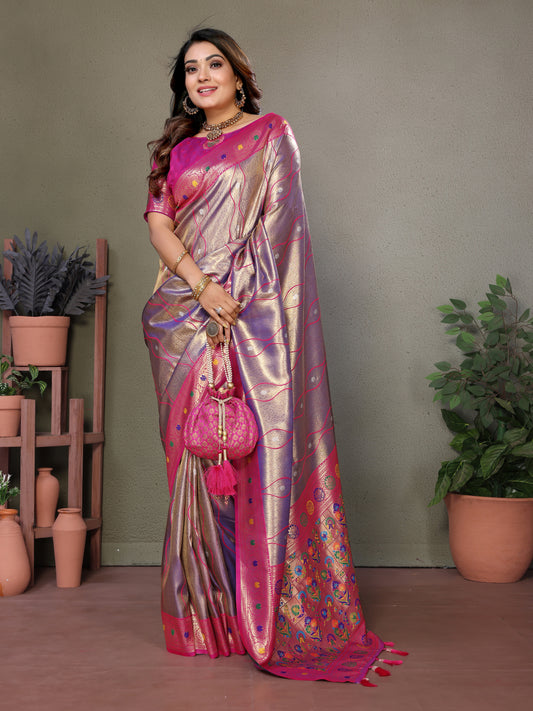 Purple Pure Banarasi Tissue Silk Saree with Leheriya Weave