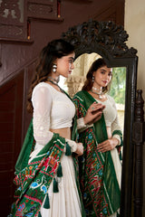 Of White Color Lucknowi Lehenga with Paper Mirror Work