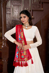 Of White Color Lucknowi Lehenga with Paper Mirror Work