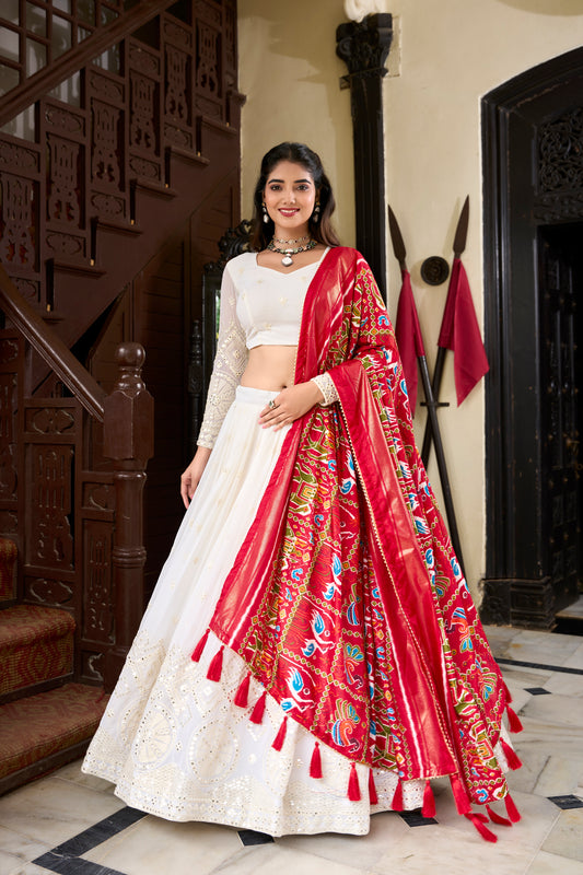 Of White Color Lucknowi Lehenga with Paper Mirror Work