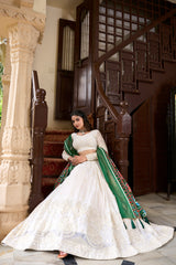 Of White Color Lucknowi Lehenga with Paper Mirror Work