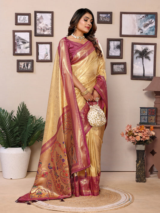 Cream Pure Banarasi Tissue Silk Saree with Paithani Woven Borders