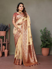 Brown Premium Viscose Silky Saree with All-Over Weaving Butties, Contrast Border, and Rich Woven Pallu – Ideal for Weddings & Festivals.