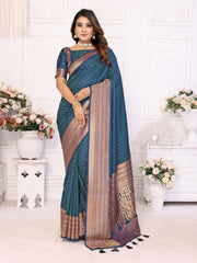 Firozi Soft Silk Saree with Matching Silk Blouse