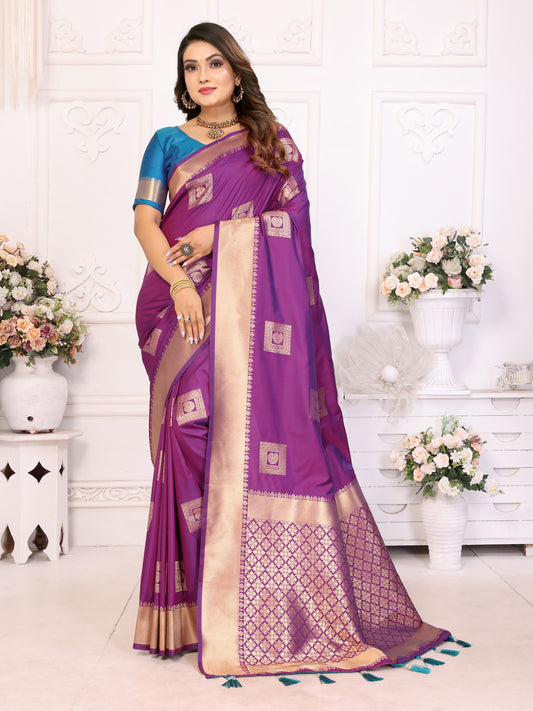 Purple Color Premium Lichi Soft Silk Saree with Woven Butta Design, Zari Borders & Rich Pallu – Elegant Wedding & Party Wear.