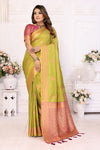 Exquisite Parrot Green Color Premium Lichi Soft Silk Saree with Woven Butta, Zari Borders & Contrast Blouse | Rich, Flowing, and Elegant Design.