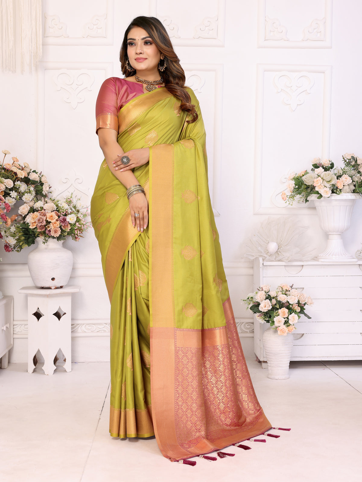 Exquisite Parrot Green Color Premium Lichi Soft Silk Saree with Woven Butta, Zari Borders & Contrast Blouse | Rich, Flowing, and Elegant Design.