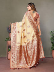 Brown Premium Viscose Silky Saree with All-Over Weaving Butties, Contrast Border, and Rich Woven Pallu – Ideal for Weddings & Festivals.