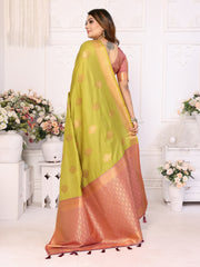 Exquisite Parrot Green Color Premium Lichi Soft Silk Saree with Woven Butta, Zari Borders & Contrast Blouse | Rich, Flowing, and Elegant Design.