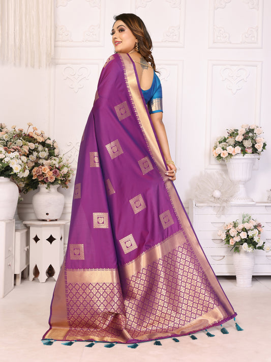 Purple Color Premium Lichi Soft Silk Saree with Woven Butta Design, Zari Borders & Rich Pallu – Elegant Wedding & Party Wear.