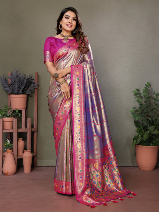 Purple Pure Banarasi Tissue Silk Saree with Leheriya Weave