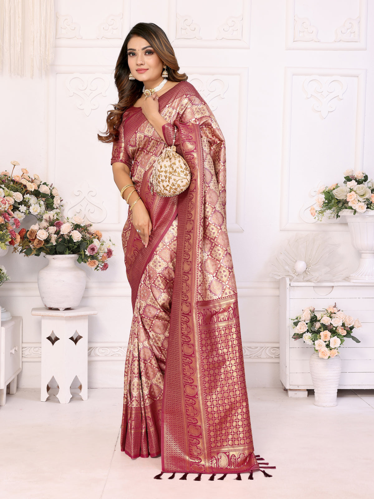 Maroon Banarasi Chaturi Silk Saree with Contrast Blouse.