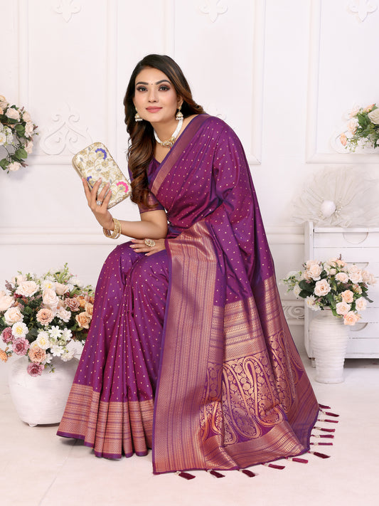 Luxury Purple Soft Silk Saree with All-Over Butties, Zari Big Border & Rich Woven Pallu - Ultra-Lightweight, Silky Smooth, Baby Soft Fabric with Matching Silk Blouse.