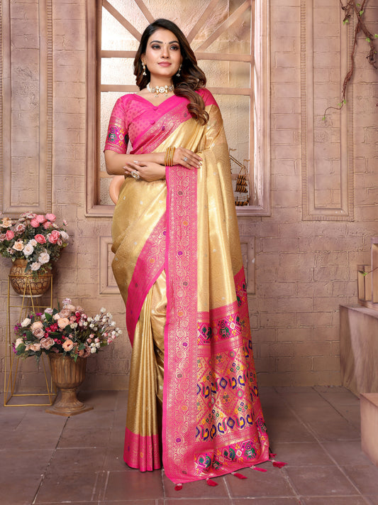 Yellow Pure Banarasi Tissue Silk Saree with Paithani Pallu