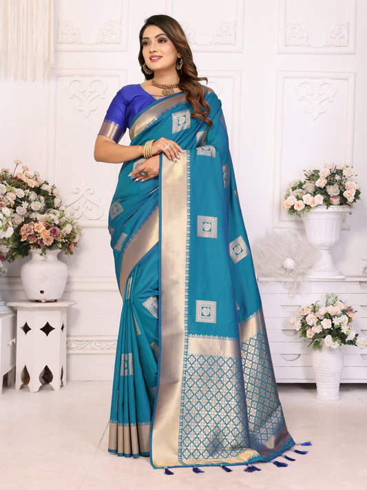 Sky Color Premium Lichi Soft Silk Saree with Woven Butta Design, Zari Borders & Rich Pallu – Elegant Wedding & Party Wear.