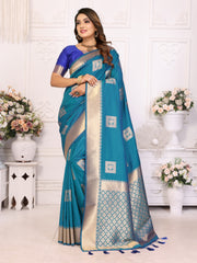 Sky Color Premium Lichi Soft Silk Saree with Woven Butta Design, Zari Borders & Rich Pallu – Elegant Wedding & Party Wear.