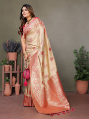 Peach Premium Viscose Silky Saree with All-Over Weaving Butties, Contrast Border, and Rich Woven Pallu – Ideal for Weddings & Festivals.