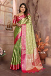 Green Handloom Tissue Silk Saree with All-Over Zari Weaving, Contrast Zari Borders & Rich Pallu – Elegant Wedding & Festive Wear.