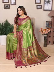 Parrot Green Pure Banarasi Tissue Silk Saree with Paithani Woven Borders