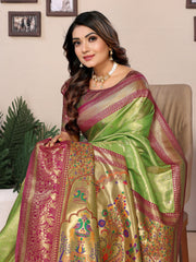 Parrot Green Pure Banarasi Tissue Silk Saree with Paithani Woven Borders