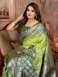 Green Summer Special Pure Lichi Silk Designer Saree