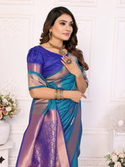 Exquisite Blue Premium Lichi Soft Silk Saree with Woven Butta, Zari Borders & Contrast Blouse | Rich, Flowing, and Elegant Design.