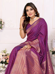 Luxury Purple Soft Silk Saree with All-Over Butties, Zari Big Border & Rich Woven Pallu - Ultra-Lightweight, Silky Smooth, Baby Soft Fabric with Matching Silk Blouse.