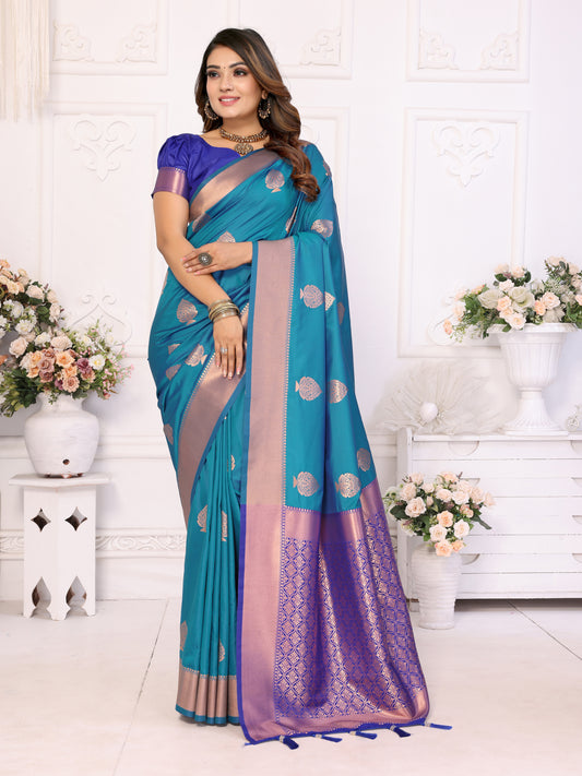 Exquisite Blue Premium Lichi Soft Silk Saree with Woven Butta, Zari Borders & Contrast Blouse | Rich, Flowing, and Elegant Design.