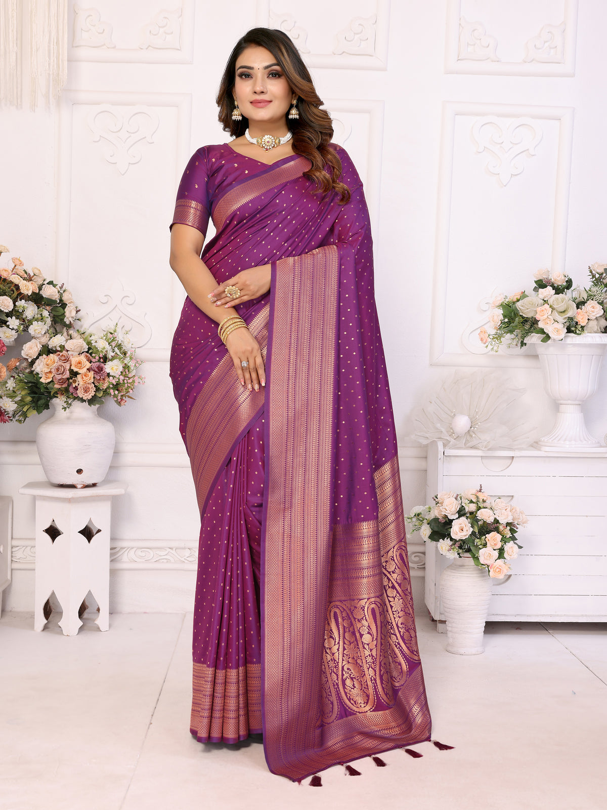 Luxury Purple Soft Silk Saree with All-Over Butties, Zari Big Border & Rich Woven Pallu - Ultra-Lightweight, Silky Smooth, Baby Soft Fabric with Matching Silk Blouse.