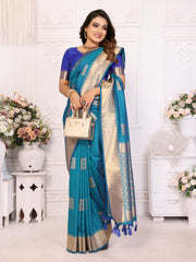 Sky Color Premium Lichi Soft Silk Saree with Woven Butta Design, Zari Borders & Rich Pallu – Elegant Wedding & Party Wear.