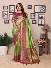 Parrot Green Pure Banarasi Tissue Silk Saree with Paithani Woven Borders