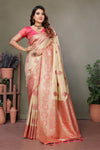 Peach Premium Viscose Silky Saree with All-Over Weaving Butties, Contrast Border, and Rich Woven Pallu – Ideal for Weddings & Festivals.