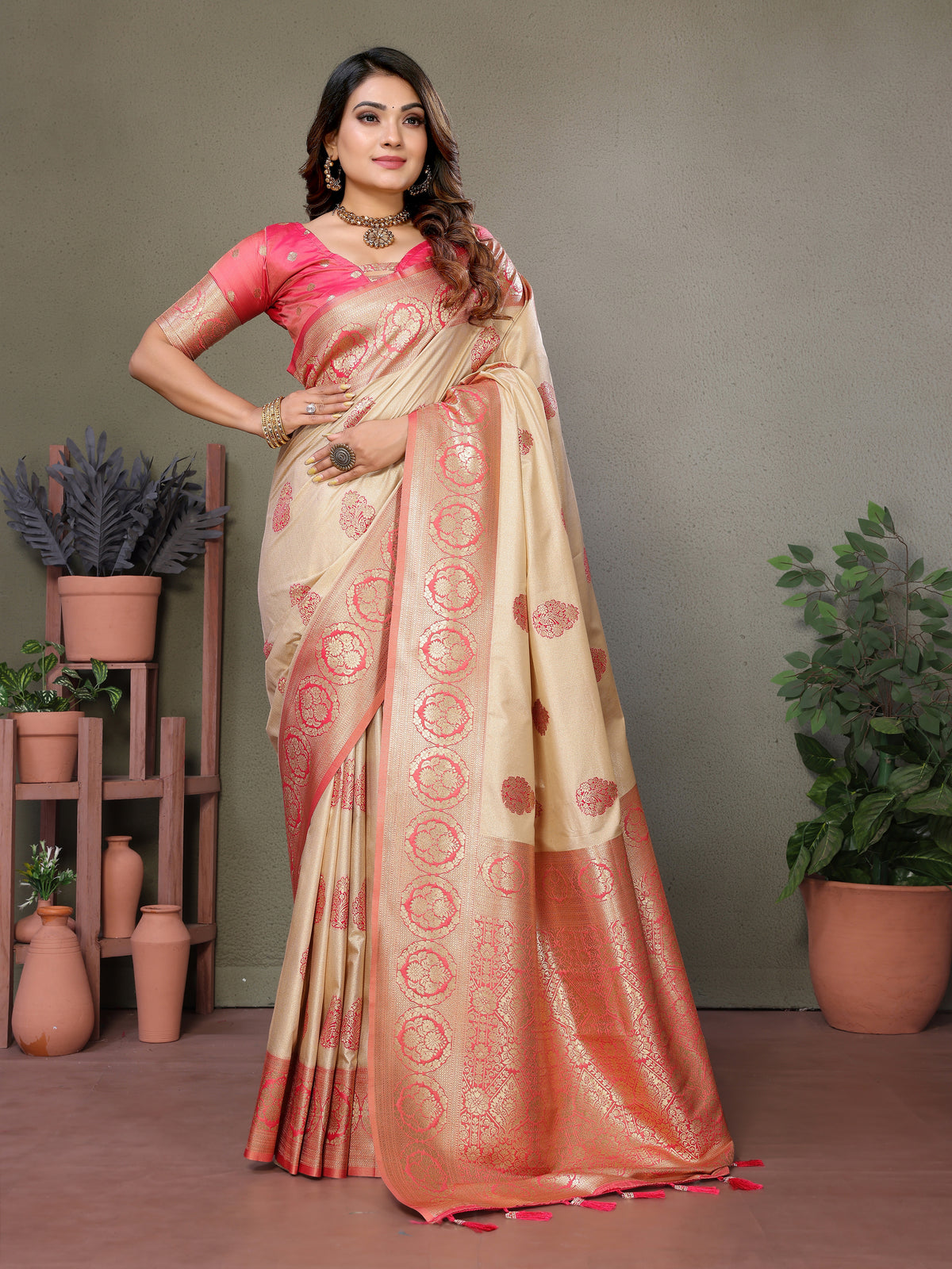 Peach Premium Viscose Silky Saree with All-Over Weaving Butties, Contrast Border, and Rich Woven Pallu – Ideal for Weddings & Festivals.