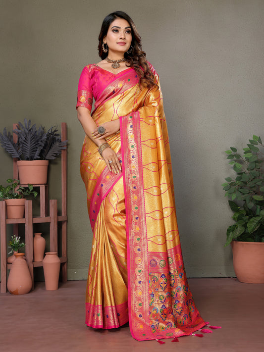 Mustard Pure Banarasi Tissue Silk Saree with Leheriya Weave