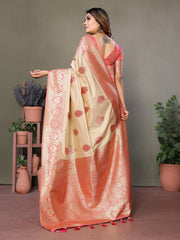 Peach Premium Viscose Silky Saree with All-Over Weaving Butties, Contrast Border, and Rich Woven Pallu – Ideal for Weddings & Festivals.